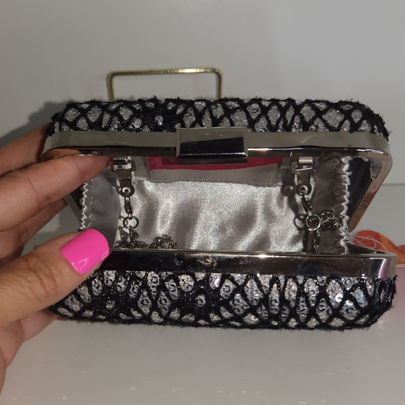 Expressions NYC clutch black and silver with silver long chain - Picture 2 of 3